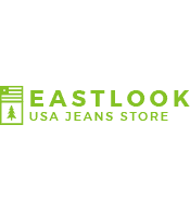 A black background with the words eastlook usa jeans store in green.