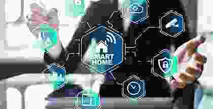 A smart home is shown with many icons.