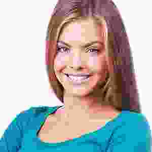 A woman with long hair and a blue shirt